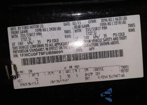 2015 Ford Escape S from USA, damaged, VIN 1FMCU0F78FUB58699